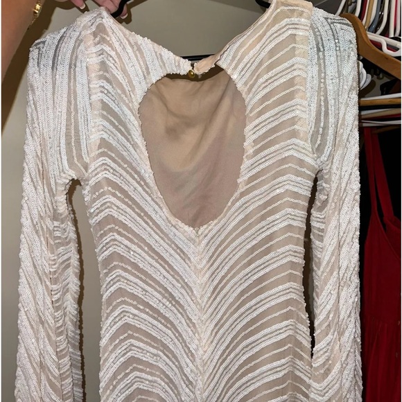 London Ivory Striped Sequin Gathered Sleeve Mini Dress - Picture 7 of 8